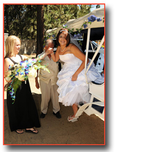 Bride arrives at her destination and exits the horse carriage