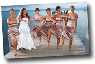 Bride and her bridesmaids on the pier