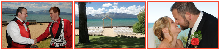 A distant view of the beach ceremony area and the best man shaking the groom's hand