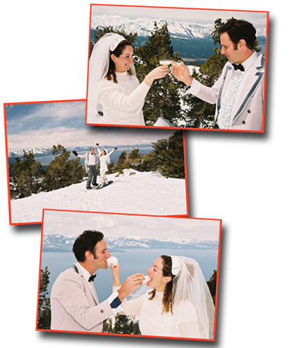 Celebrating after their wedding atop Heavenly Mountain