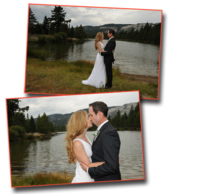 The married couple embrace in front of Lake Baron at Tahoe Paradise Park