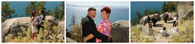 Engaged couples get married on the bluff of Logan Shoals in Lake Tahoe