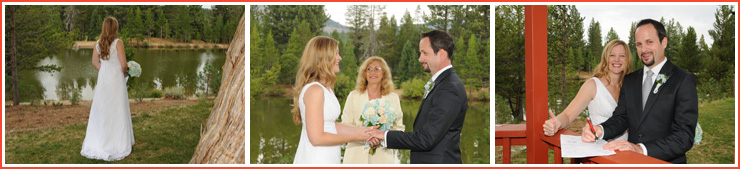 Just married, the couple signs the marriage license and pose for some photos