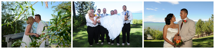 The wedding party lifts the bride in their arms