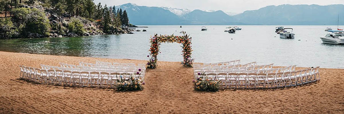 View of Round Hill Pines Beach wedding area setup.