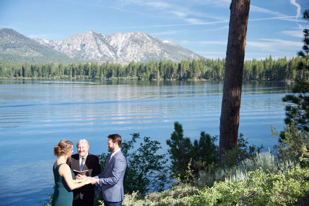 Pastor performing a ceremony in a natural habitat at the edge of Fallen Leaf Lake.