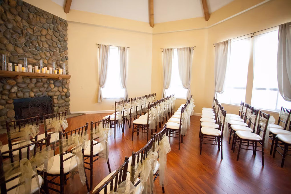 Chapel setup with chairs and stylishly decorated.