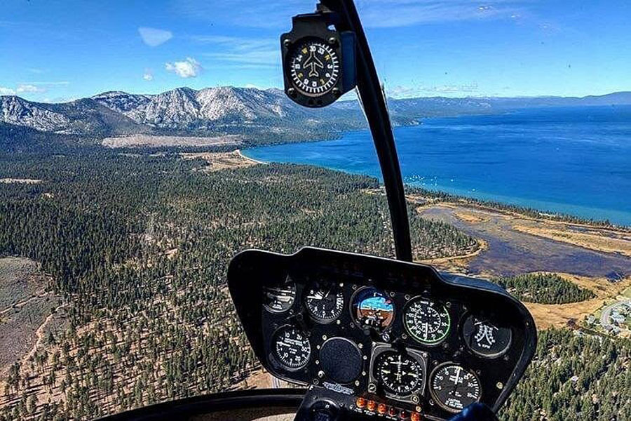 Aerial view of Lake Tahoe looking from the helicopter cockpit.