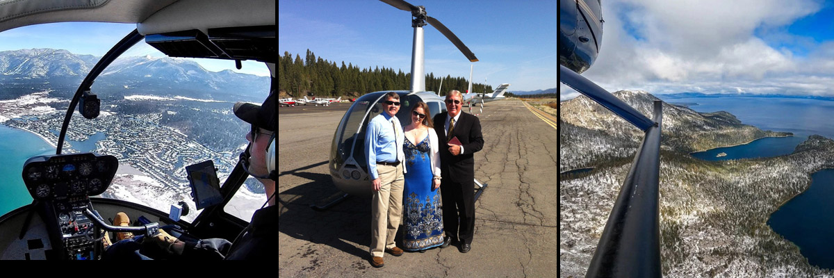Photo montage of helicopter aerial view of Lake Tahoe and of the bride and groom on the tarmac.