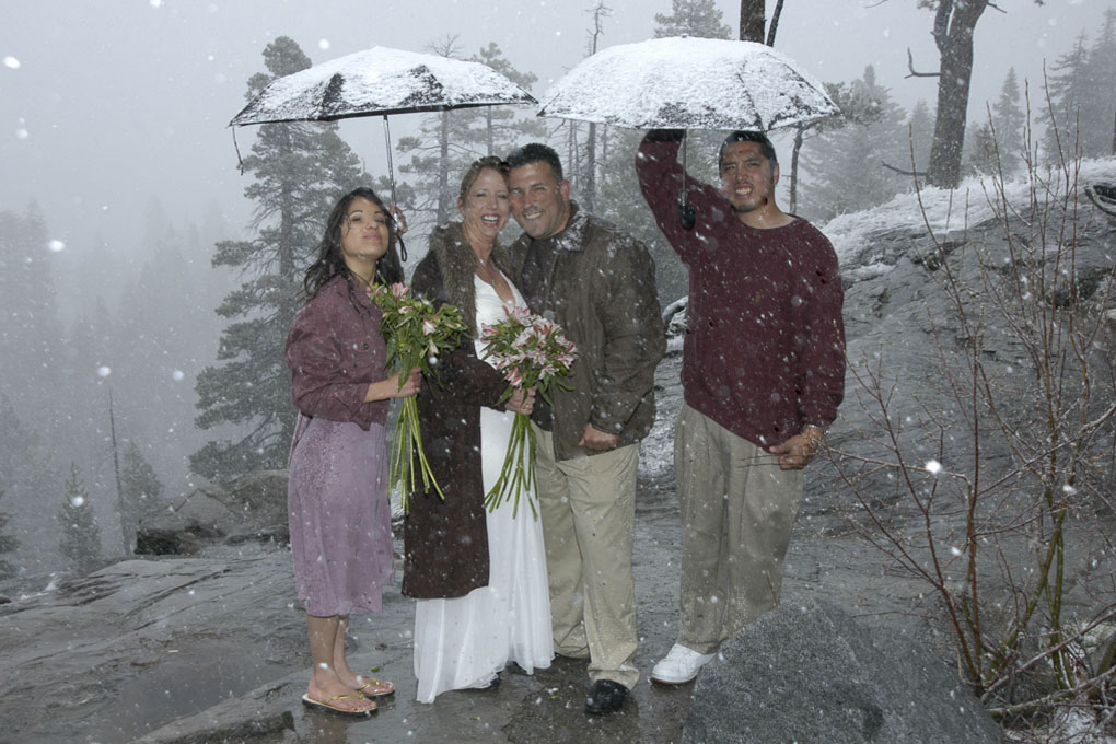 The wedding party holding up umbrellas as the snow falls.