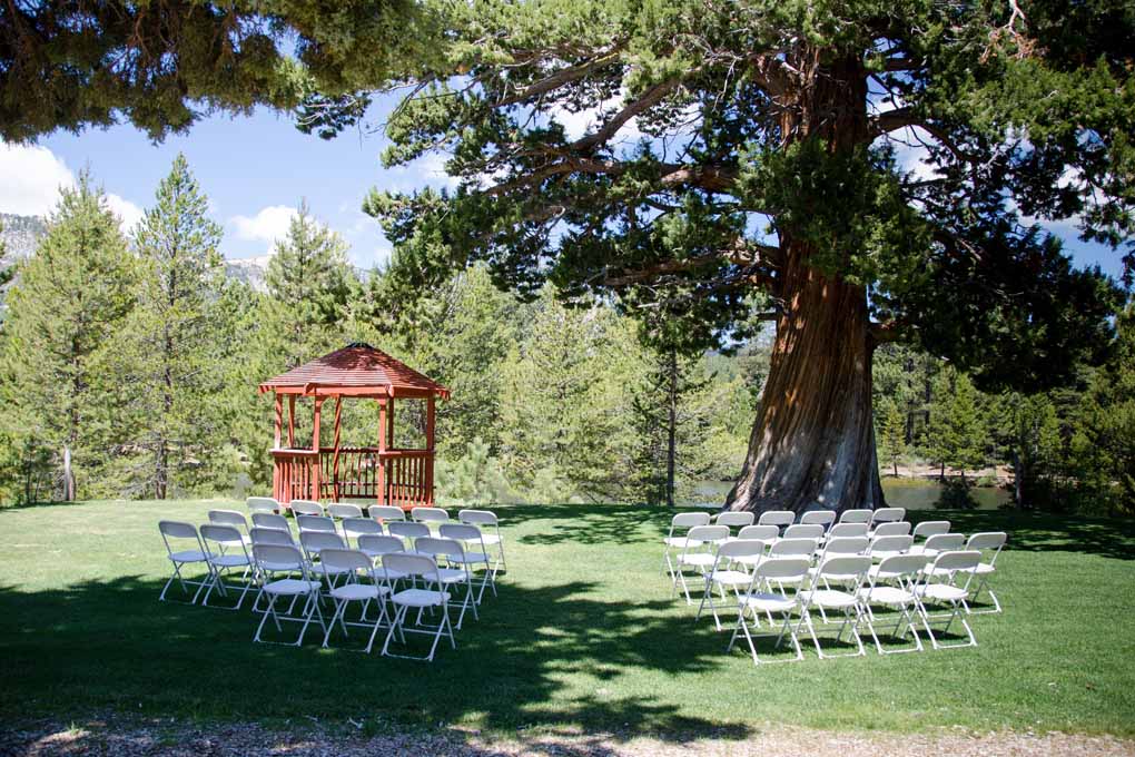 Chair setup in front of the gazebo and large tree at Tahoe Paradise Park.