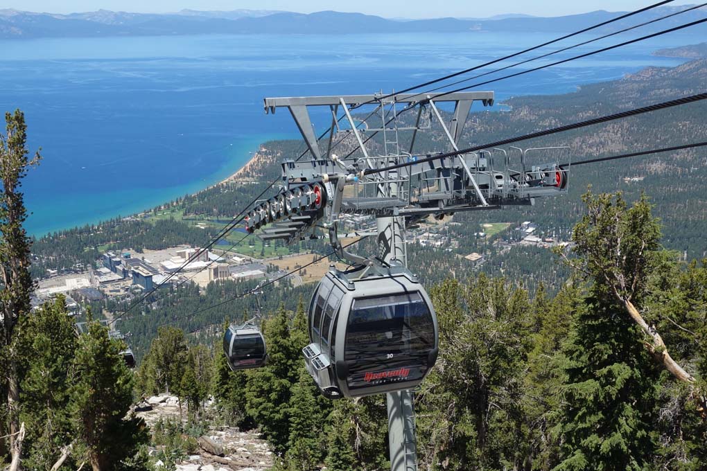 View of South Lake Tahoe taken from a Heavenly gondola car.